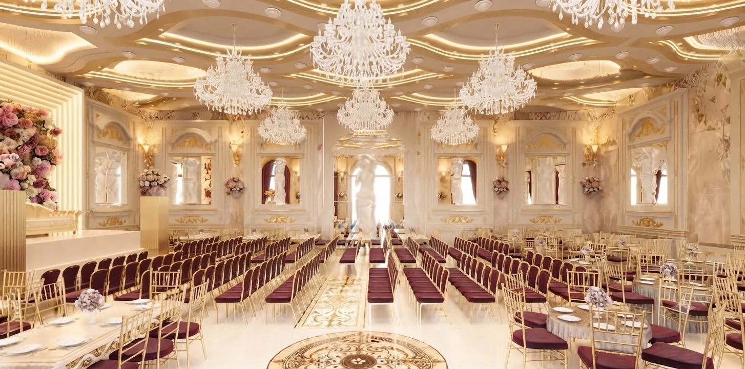 The Golden Leaf banquet hall set for an event